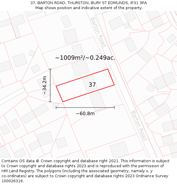 37, BARTON ROAD, THURSTON, BURY ST EDMUNDS, IP31 3PA: Plot and title map
