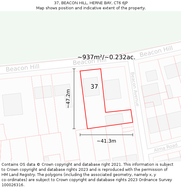 37, BEACON HILL, HERNE BAY, CT6 6JP: Plot and title map