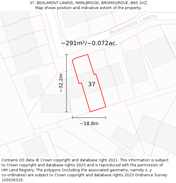 37, BEAUMONT LAWNS, MARLBROOK, BROMSGROVE, B60 1HZ: Plot and title map