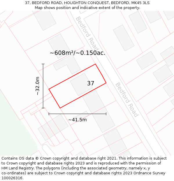 37, BEDFORD ROAD, HOUGHTON CONQUEST, BEDFORD, MK45 3LS: Plot and title map