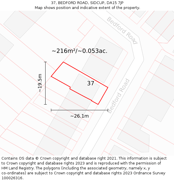37, BEDFORD ROAD, SIDCUP, DA15 7JP: Plot and title map