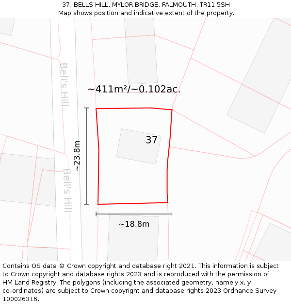 37, BELLS HILL, MYLOR BRIDGE, FALMOUTH, TR11 5SH: Plot and title map