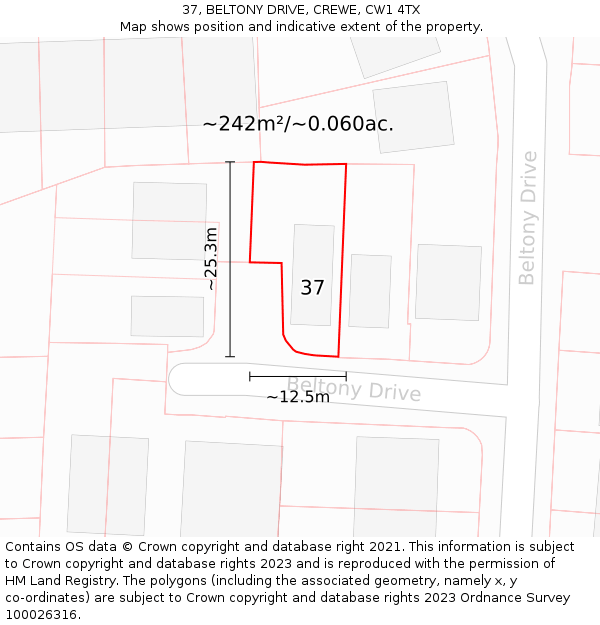 37, BELTONY DRIVE, CREWE, CW1 4TX: Plot and title map