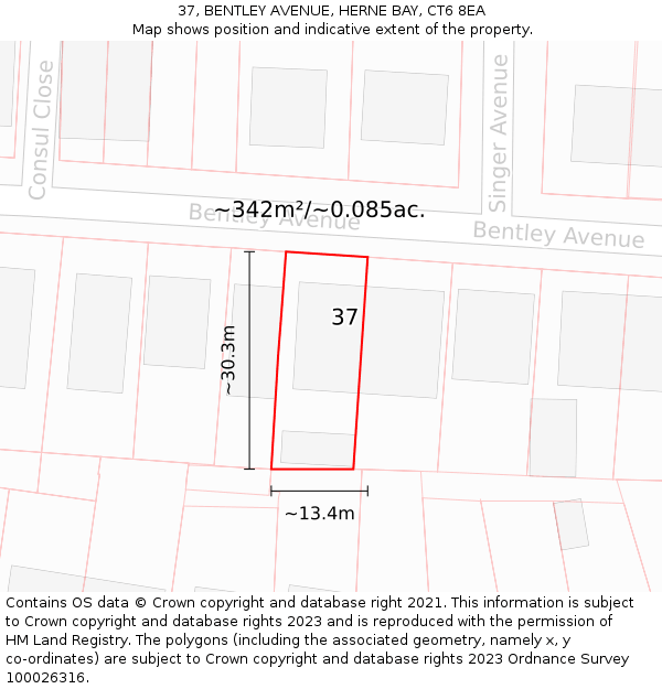 37, BENTLEY AVENUE, HERNE BAY, CT6 8EA: Plot and title map