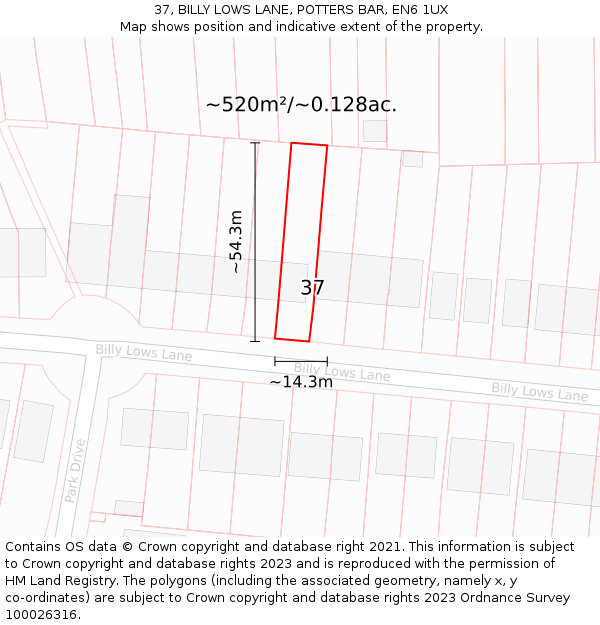 37, BILLY LOWS LANE, POTTERS BAR, EN6 1UX: Plot and title map