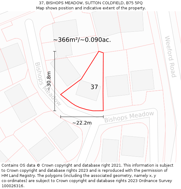 37, BISHOPS MEADOW, SUTTON COLDFIELD, B75 5PQ: Plot and title map