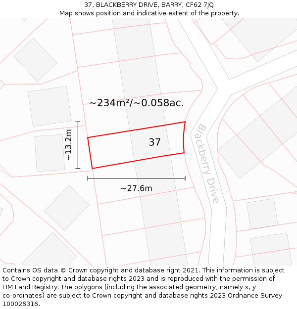 37, BLACKBERRY DRIVE, BARRY, CF62 7JQ: Plot and title map