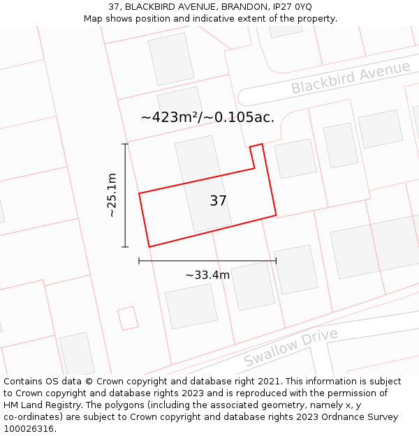 37, BLACKBIRD AVENUE, BRANDON, IP27 0YQ: Plot and title map