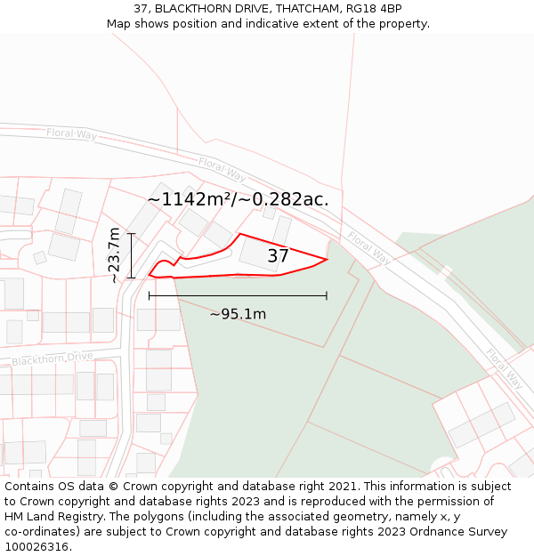 37, BLACKTHORN DRIVE, THATCHAM, RG18 4BP: Plot and title map