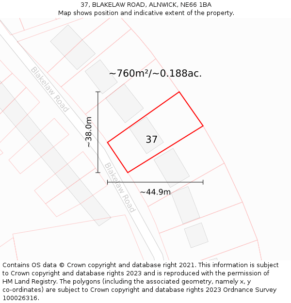 37, BLAKELAW ROAD, ALNWICK, NE66 1BA: Plot and title map