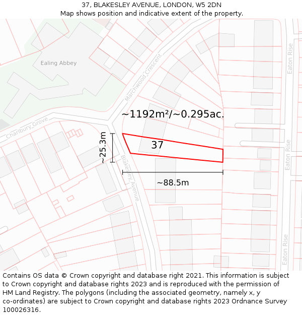 37, BLAKESLEY AVENUE, LONDON, W5 2DN: Plot and title map