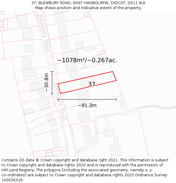 37, BLEWBURY ROAD, EAST HAGBOURNE, DIDCOT, OX11 9LE: Plot and title map