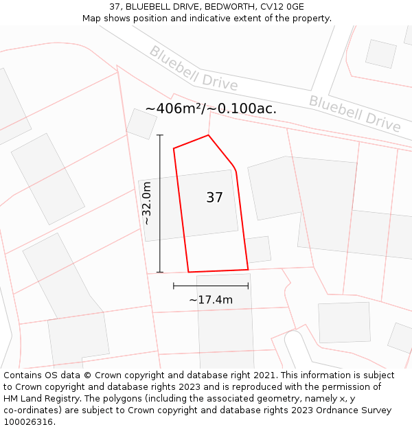 37, BLUEBELL DRIVE, BEDWORTH, CV12 0GE: Plot and title map