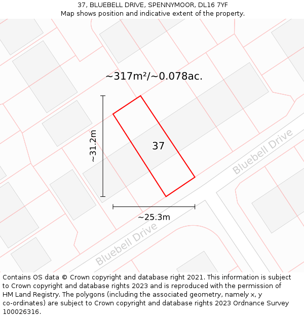 37, BLUEBELL DRIVE, SPENNYMOOR, DL16 7YF: Plot and title map