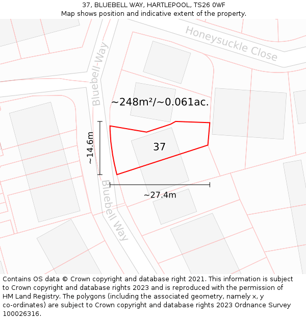 37, BLUEBELL WAY, HARTLEPOOL, TS26 0WF: Plot and title map