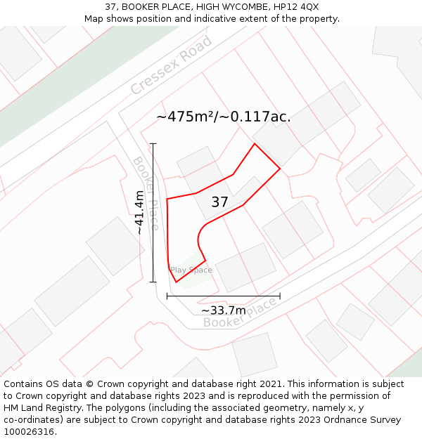 37, BOOKER PLACE, HIGH WYCOMBE, HP12 4QX: Plot and title map