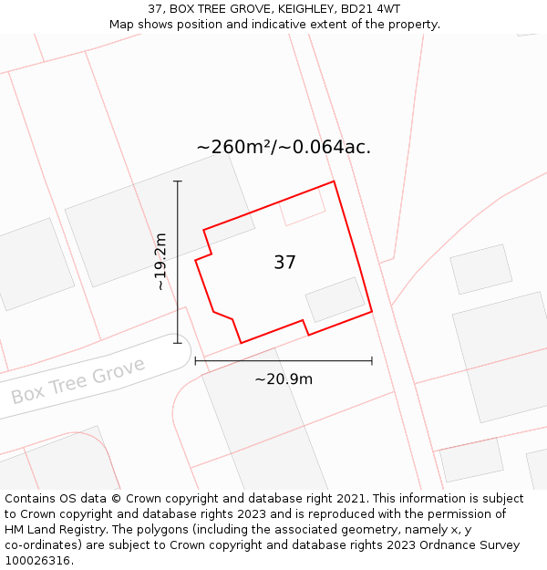 37, BOX TREE GROVE, KEIGHLEY, BD21 4WT: Plot and title map