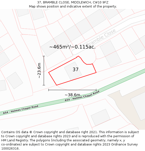 37, BRAMBLE CLOSE, MIDDLEWICH, CW10 9FZ: Plot and title map