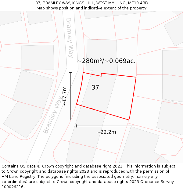 37, BRAMLEY WAY, KINGS HILL, WEST MALLING, ME19 4BD: Plot and title map