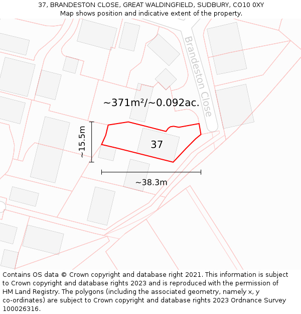 37, BRANDESTON CLOSE, GREAT WALDINGFIELD, SUDBURY, CO10 0XY: Plot and title map