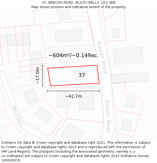 37, BRECON ROAD, BUILTH WELLS, LD2 3EB: Plot and title map