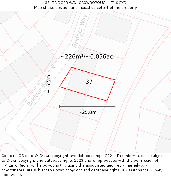 37, BRIDGER WAY, CROWBOROUGH, TN6 2XD: Plot and title map