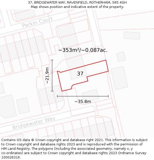 37, BRIDGEWATER WAY, RAVENFIELD, ROTHERHAM, S65 4GH: Plot and title map