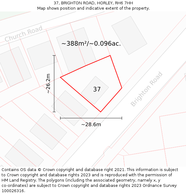 37, BRIGHTON ROAD, HORLEY, RH6 7HH: Plot and title map