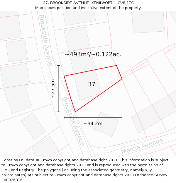 37, BROOKSIDE AVENUE, KENILWORTH, CV8 1ES: Plot and title map