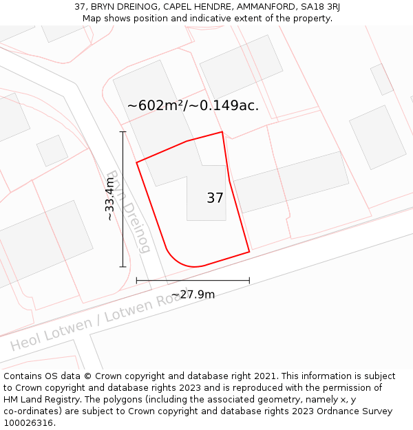 37, BRYN DREINOG, CAPEL HENDRE, AMMANFORD, SA18 3RJ: Plot and title map