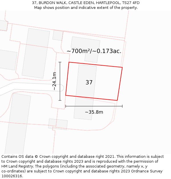 37, BURDON WALK, CASTLE EDEN, HARTLEPOOL, TS27 4FD: Plot and title map