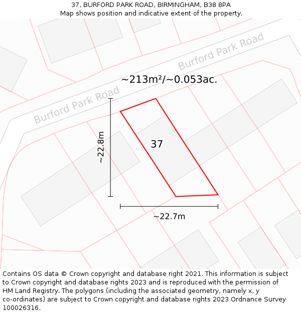 37, BURFORD PARK ROAD, BIRMINGHAM, B38 8PA: Plot and title map