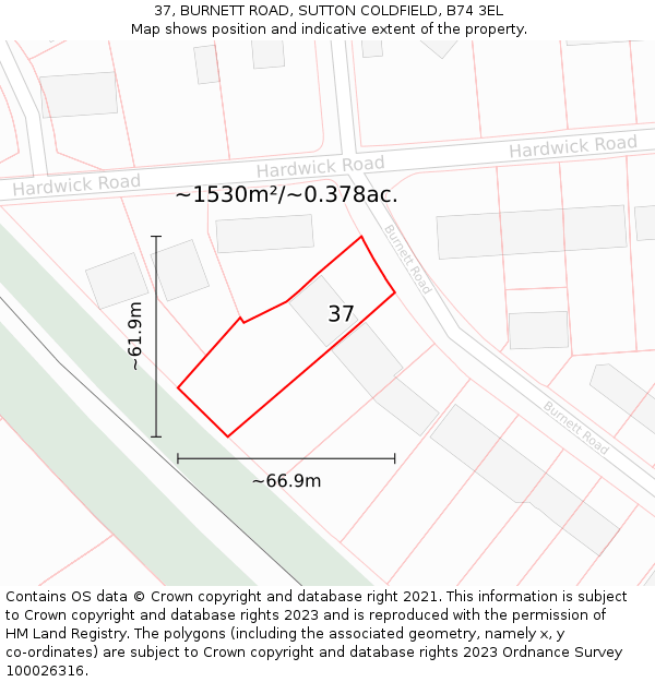 37, BURNETT ROAD, SUTTON COLDFIELD, B74 3EL: Plot and title map