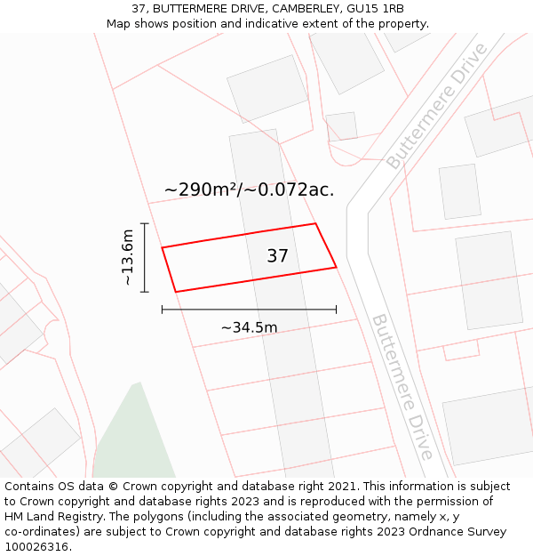 37, BUTTERMERE DRIVE, CAMBERLEY, GU15 1RB: Plot and title map