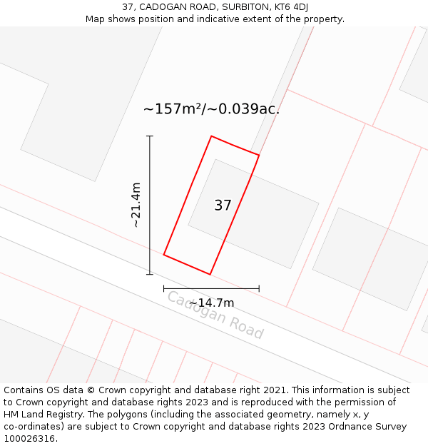 37, CADOGAN ROAD, SURBITON, KT6 4DJ: Plot and title map