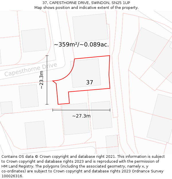 37, CAPESTHORNE DRIVE, SWINDON, SN25 1UP: Plot and title map