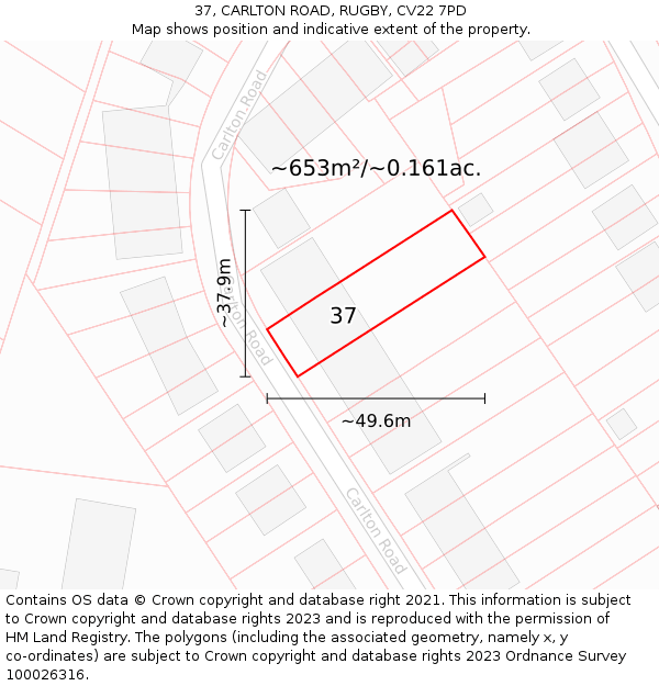 37, CARLTON ROAD, RUGBY, CV22 7PD: Plot and title map