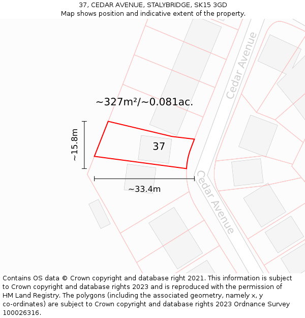 37, CEDAR AVENUE, STALYBRIDGE, SK15 3GD: Plot and title map