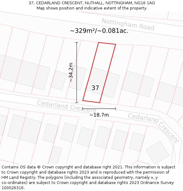 37, CEDARLAND CRESCENT, NUTHALL, NOTTINGHAM, NG16 1AG: Plot and title map