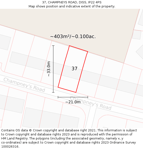 37, CHAMPNEYS ROAD, DISS, IP22 4PS: Plot and title map