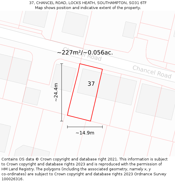 37, CHANCEL ROAD, LOCKS HEATH, SOUTHAMPTON, SO31 6TF: Plot and title map