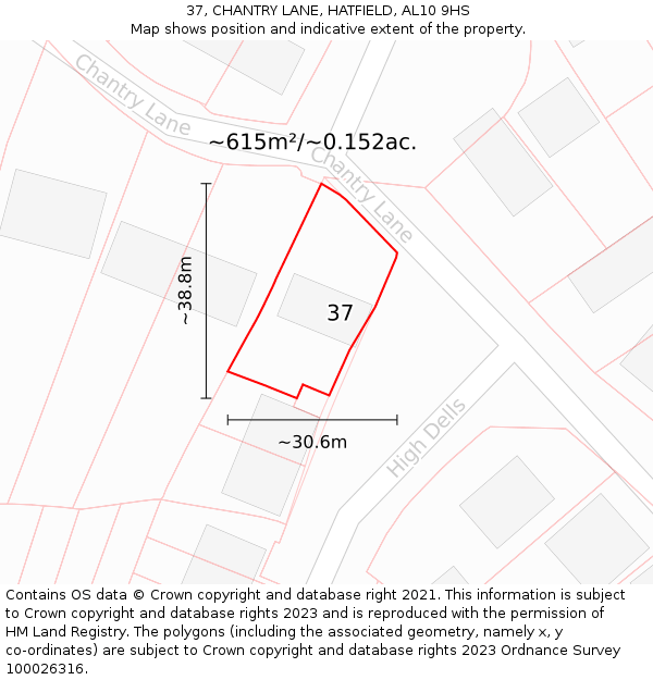 37, CHANTRY LANE, HATFIELD, AL10 9HS: Plot and title map