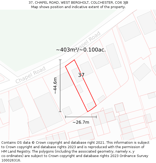 37, CHAPEL ROAD, WEST BERGHOLT, COLCHESTER, CO6 3JB: Plot and title map