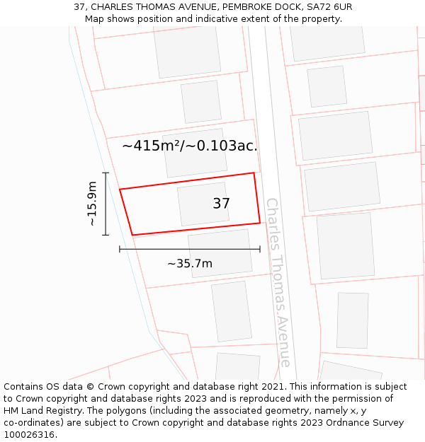 37, CHARLES THOMAS AVENUE, PEMBROKE DOCK, SA72 6UR: Plot and title map