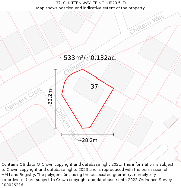 37, CHILTERN WAY, TRING, HP23 5LD: Plot and title map