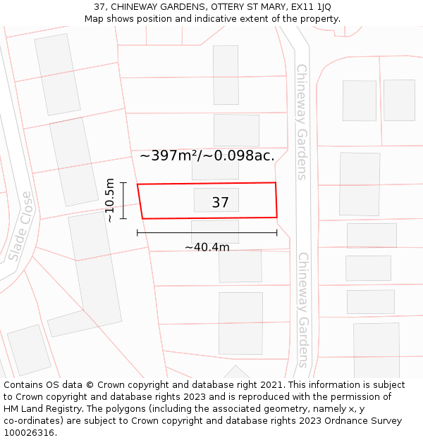 37, CHINEWAY GARDENS, OTTERY ST MARY, EX11 1JQ: Plot and title map