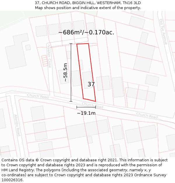 37, CHURCH ROAD, BIGGIN HILL, WESTERHAM, TN16 3LD: Plot and title map