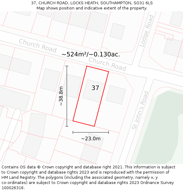 37, CHURCH ROAD, LOCKS HEATH, SOUTHAMPTON, SO31 6LS: Plot and title map