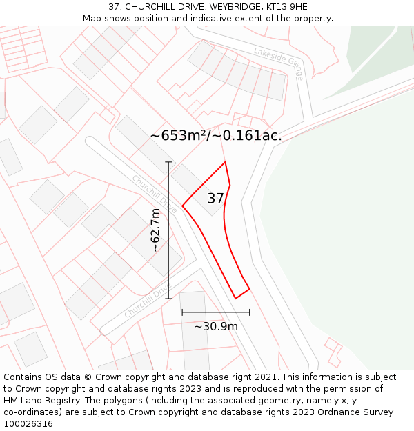 37, CHURCHILL DRIVE, WEYBRIDGE, KT13 9HE: Plot and title map