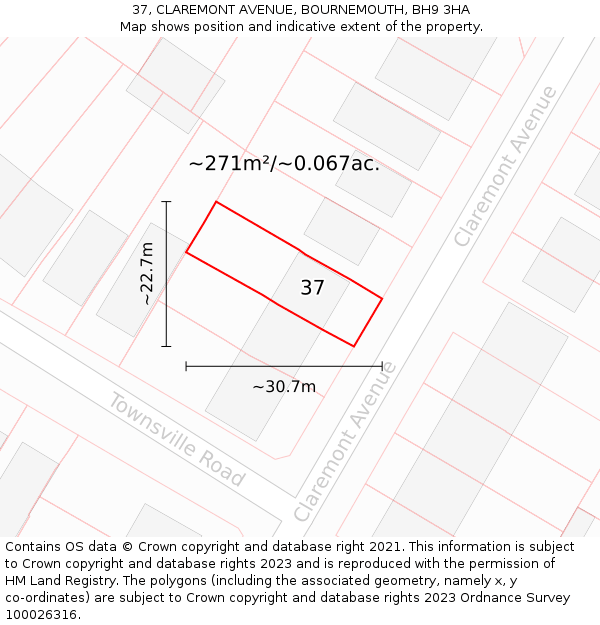 37, CLAREMONT AVENUE, BOURNEMOUTH, BH9 3HA: Plot and title map
